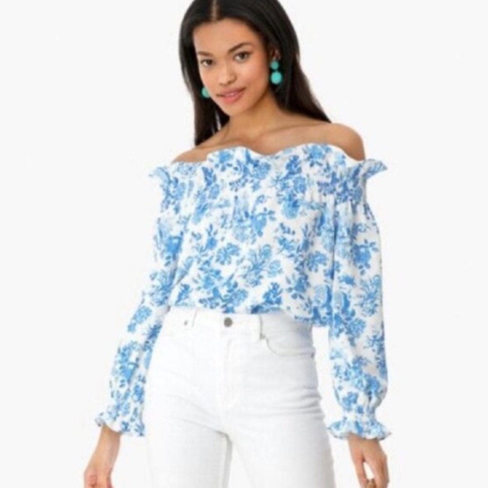 Tuckernuck Blue and White Smocked Off the Shoulder Blouse